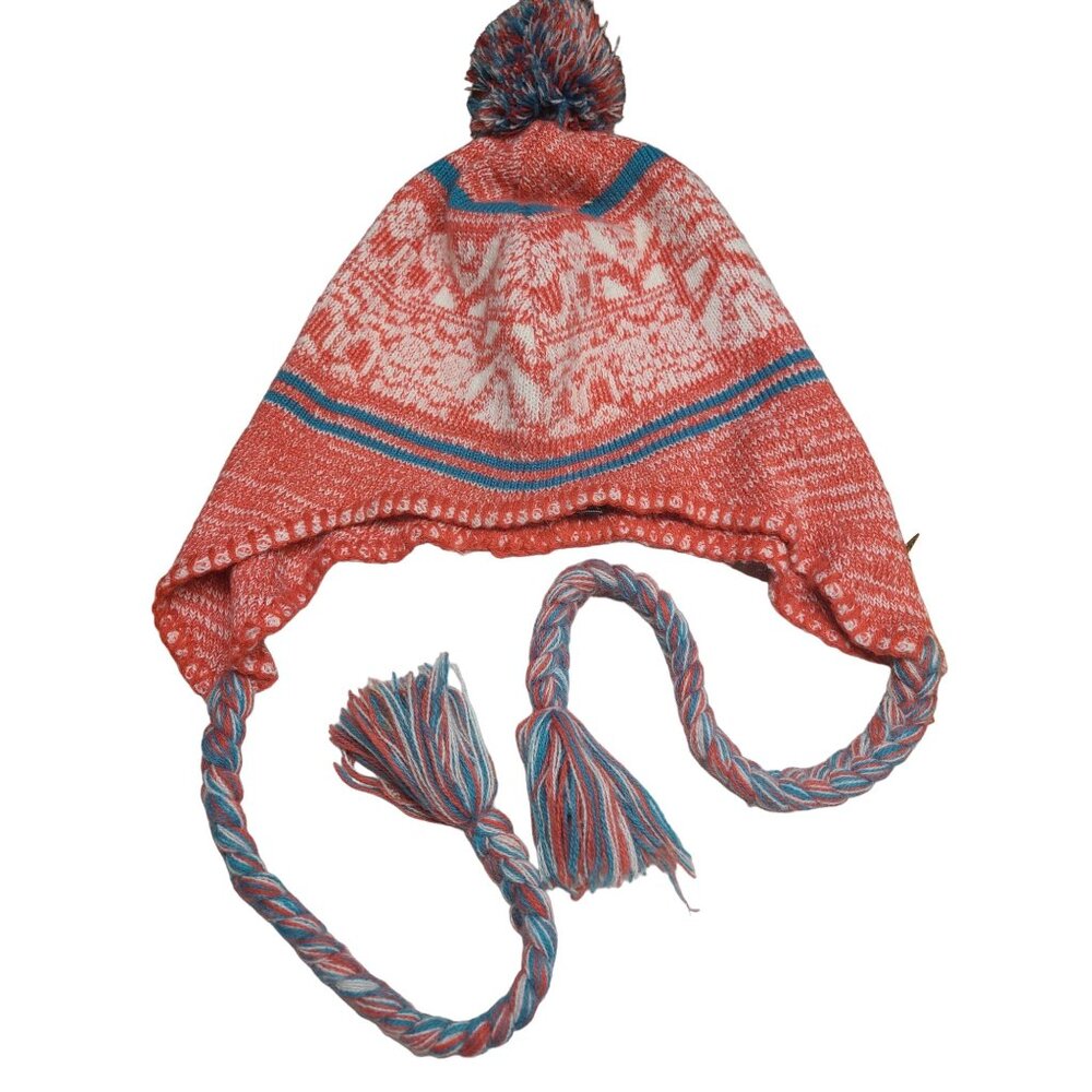 Matix One Size Chullo Beanie Hat Knit Red/White/Blue Pom Pom Pig Tails Red Blue